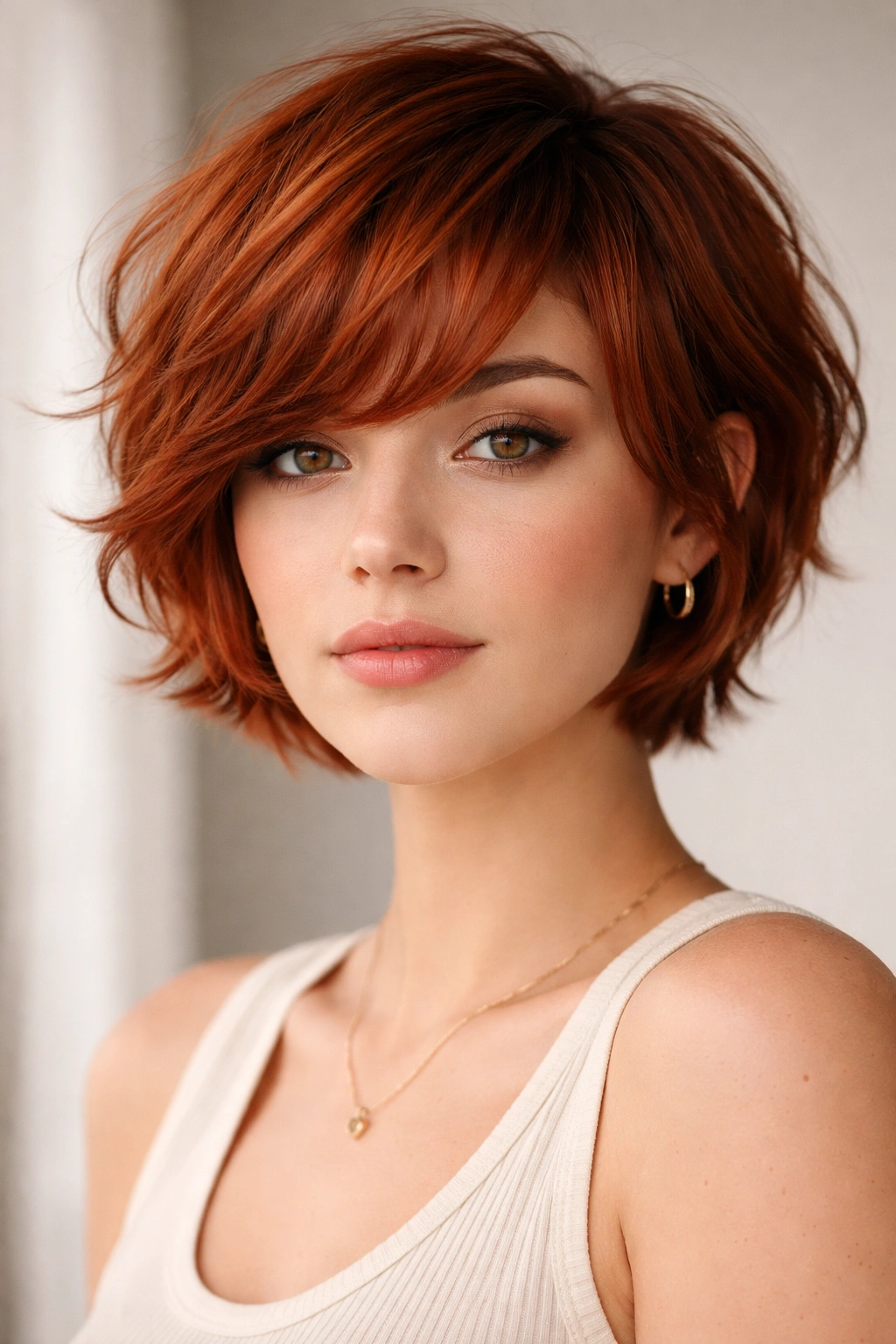 Head-and-shoulders portrait of layered pixie bob with curved bangs on red hair