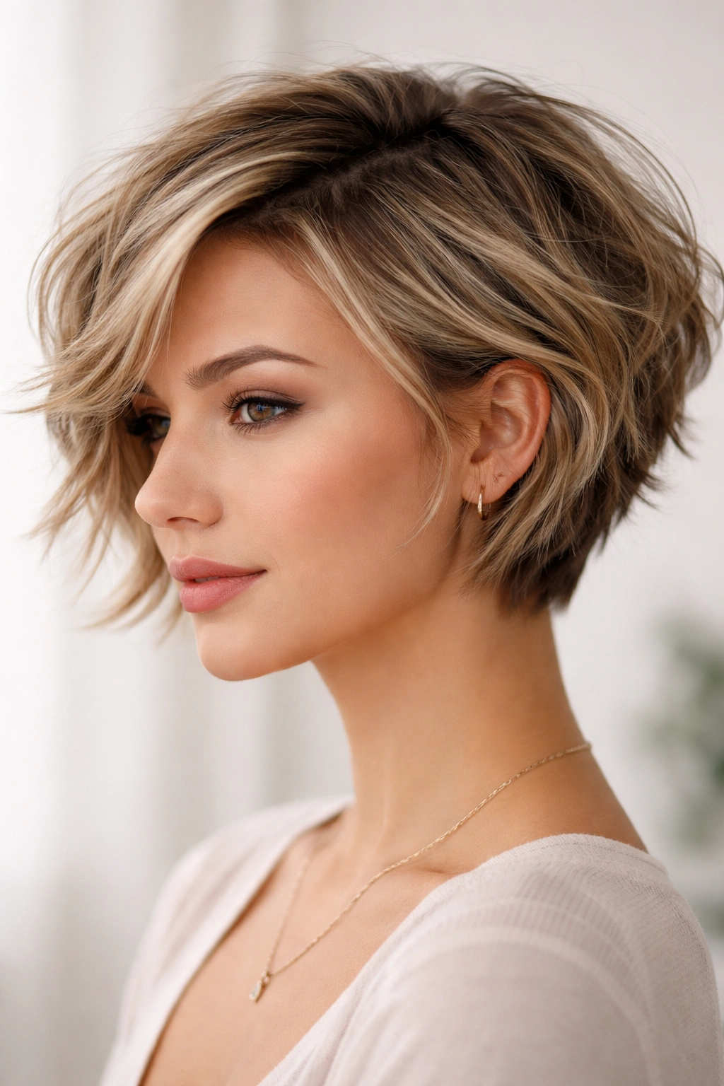 Portrait of a layered pixie bob with back-short and front-length layers