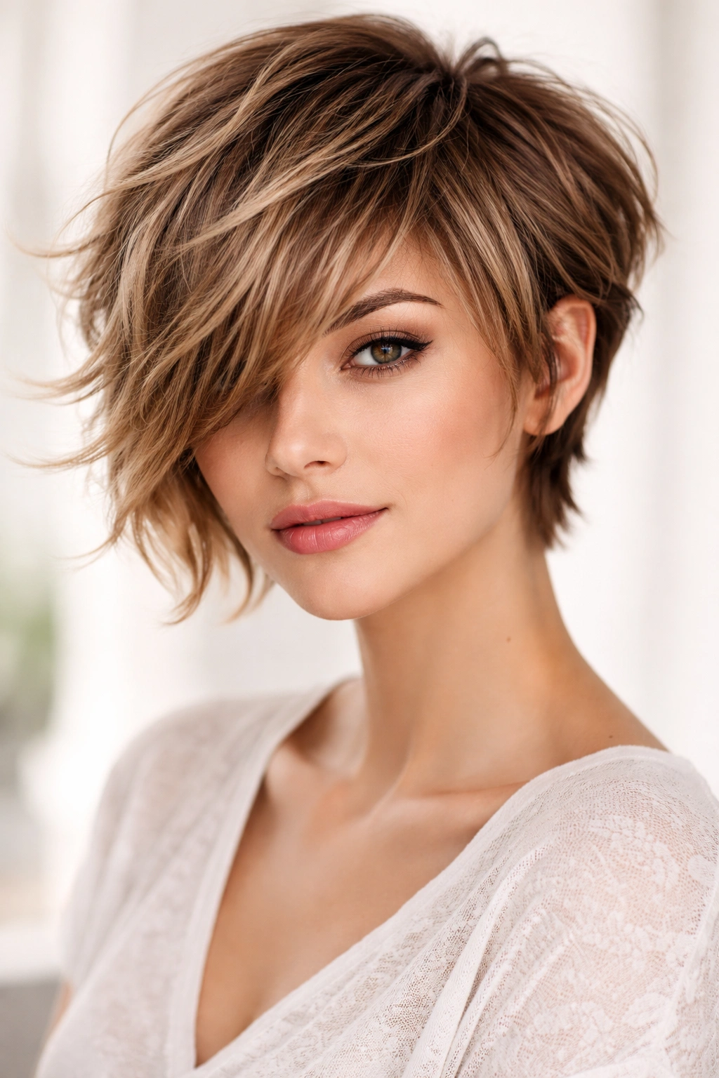 Layered pixie with long fringe framing the face and natural wave texture