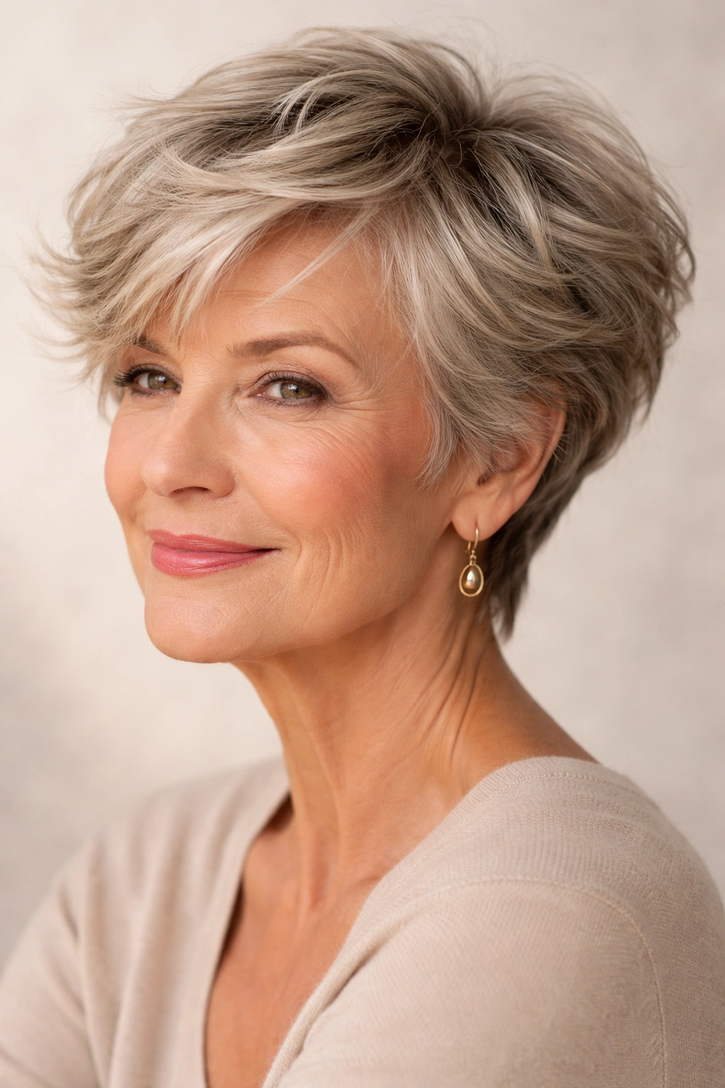 Close-up of The Classic Layered Pixie Wave hairstyle on a mature woman with layered crown and soft waves