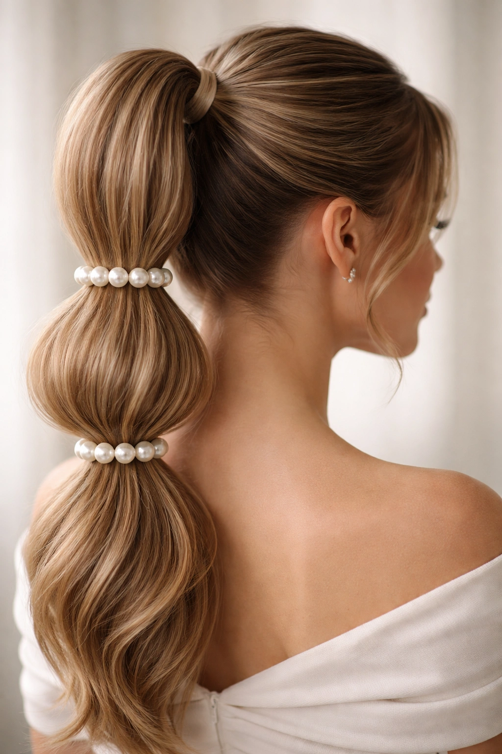 Layered ponytail with pearl bands across each layer