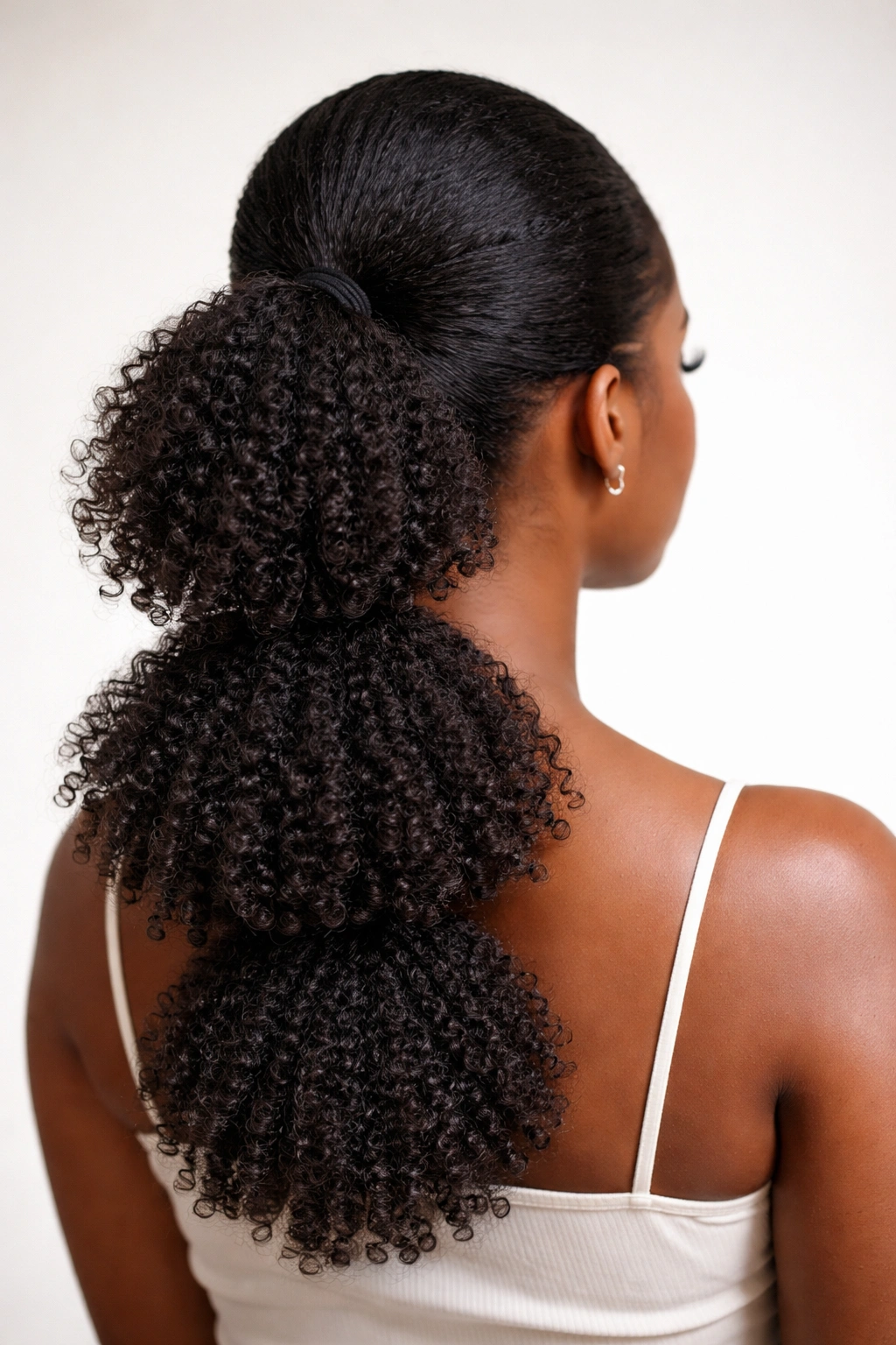 Back view of three stacked ponytails forming layers