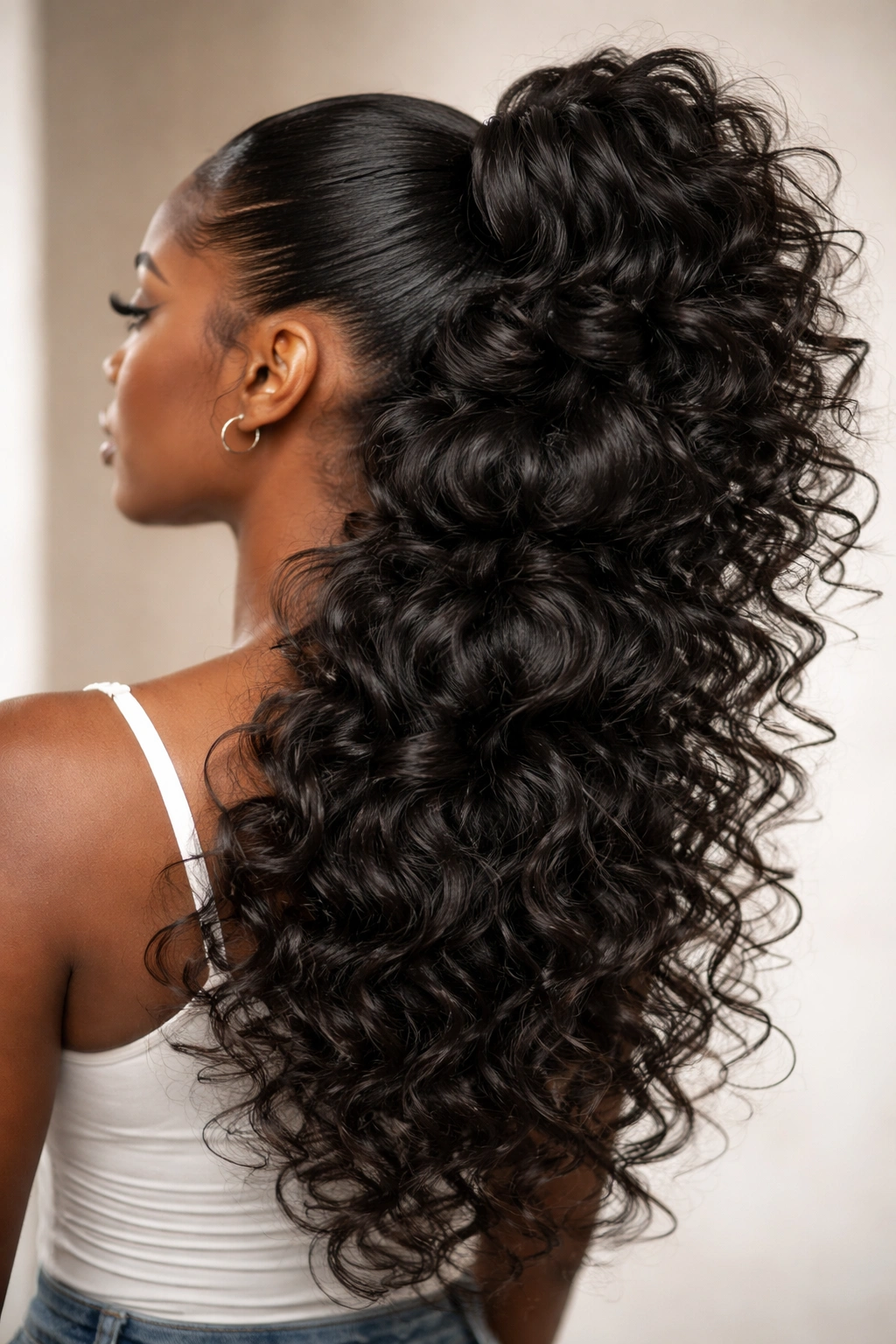 Back view of layered curly ponytails at different heights on the head