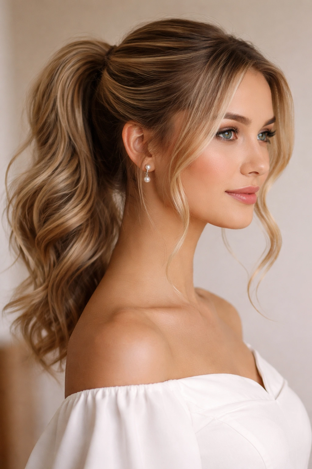 Close-up of layered ponytail with face-framing curls curling pieces around face