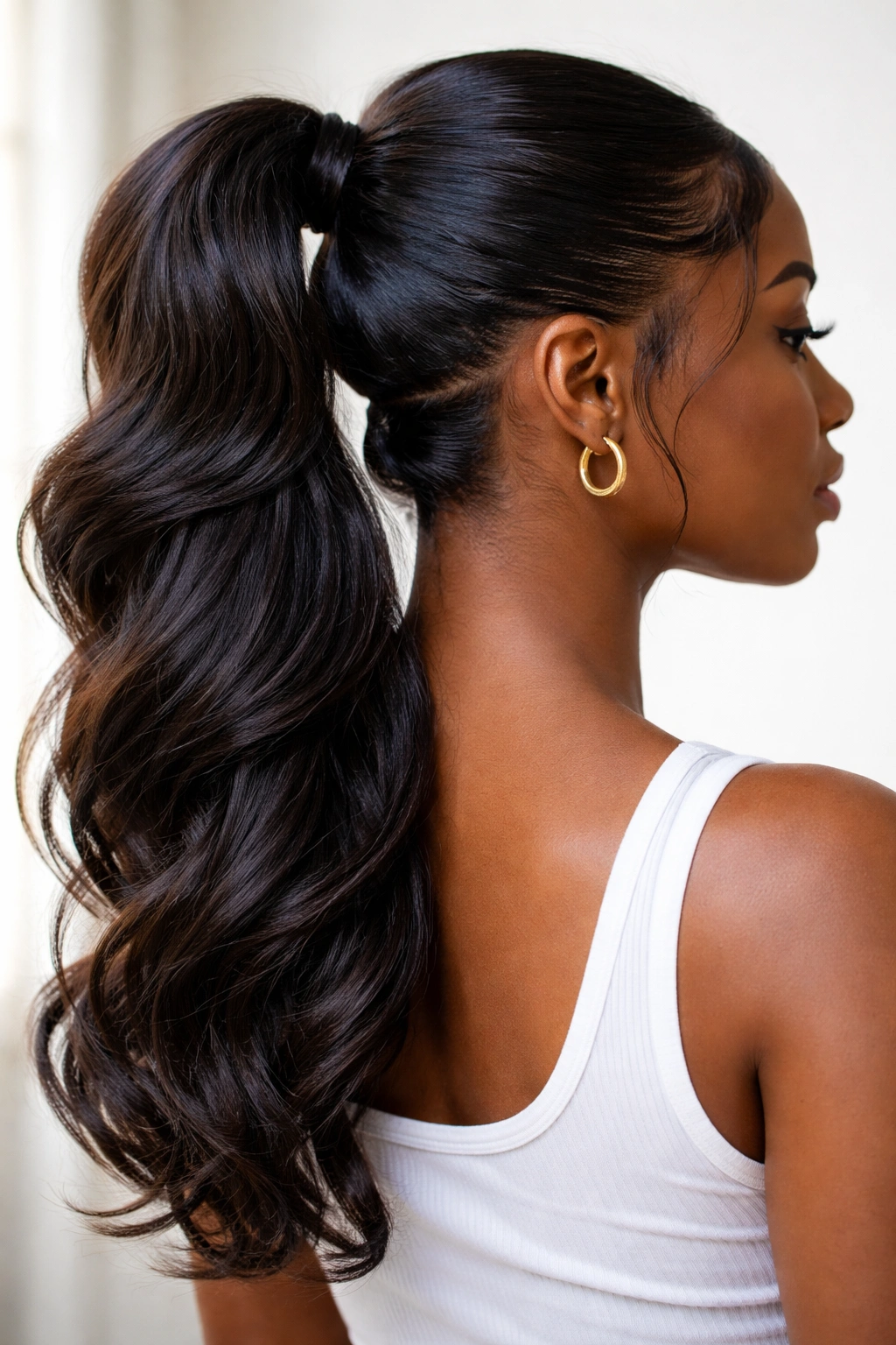 Layered ponytail showing three stacked sections merging into a single ponytail