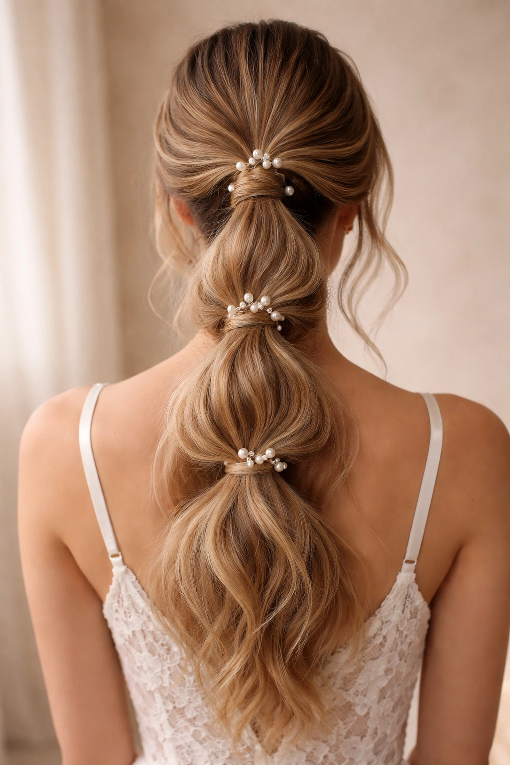 Layered ponytails with pearl pins forming a sophisticated wedding hairstyle