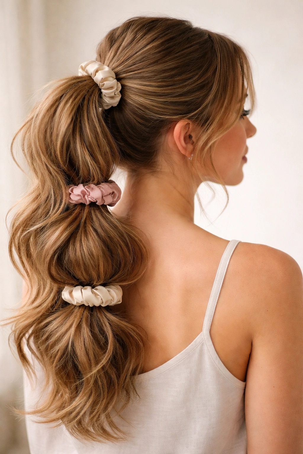 Triple-layered ponytail with scrunchies and teased sections for texture