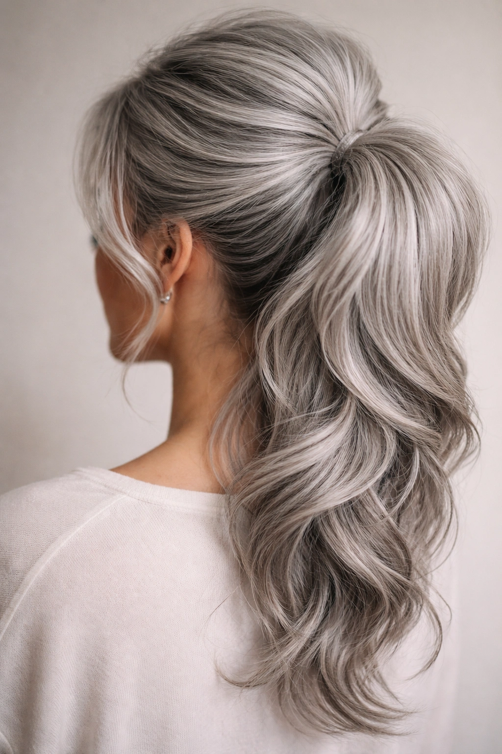 Voluminous layered ponytail on gray hair with stacked texture and lift