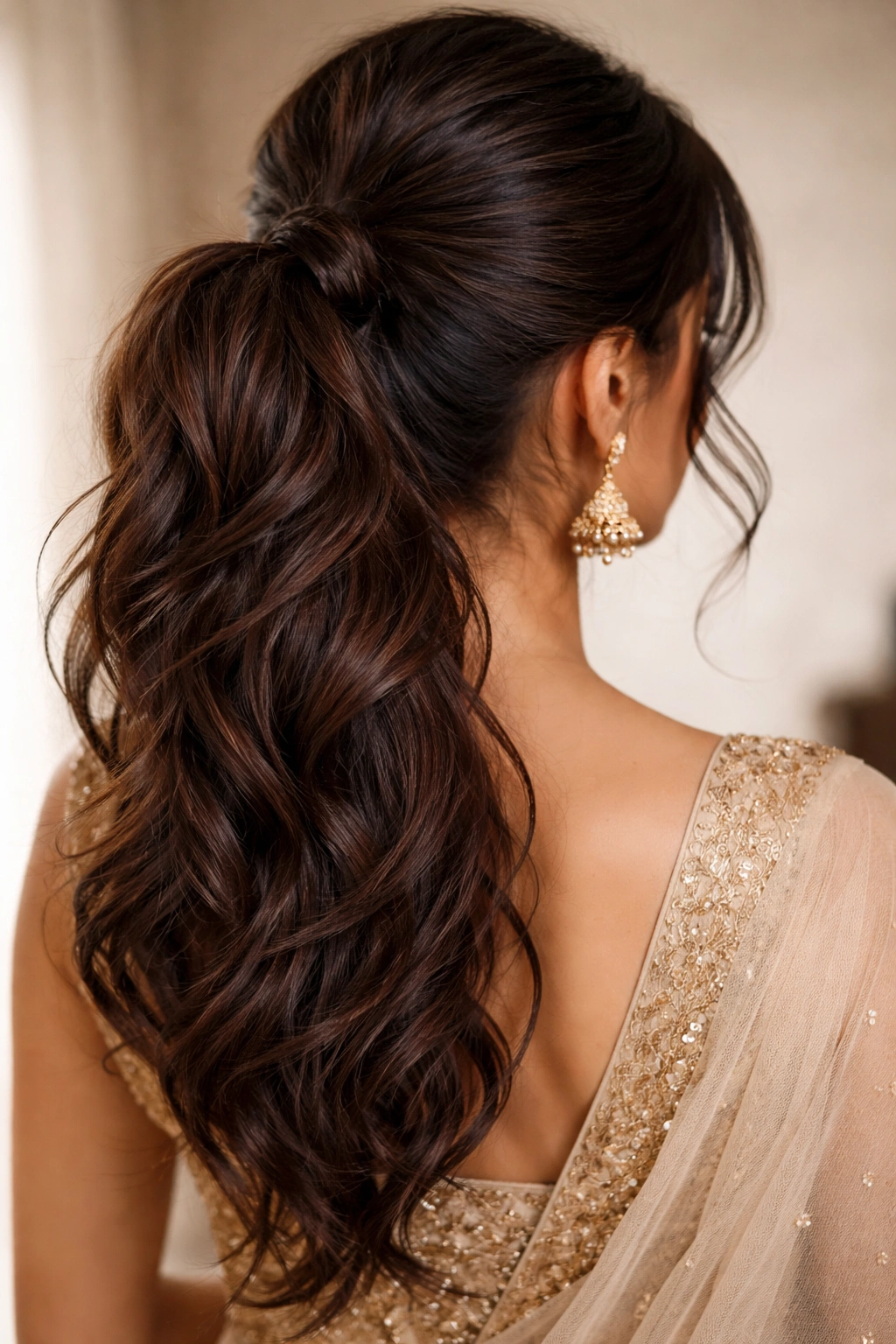 Back view of a layered ponytail showing varied texture across sections with some teased areas.