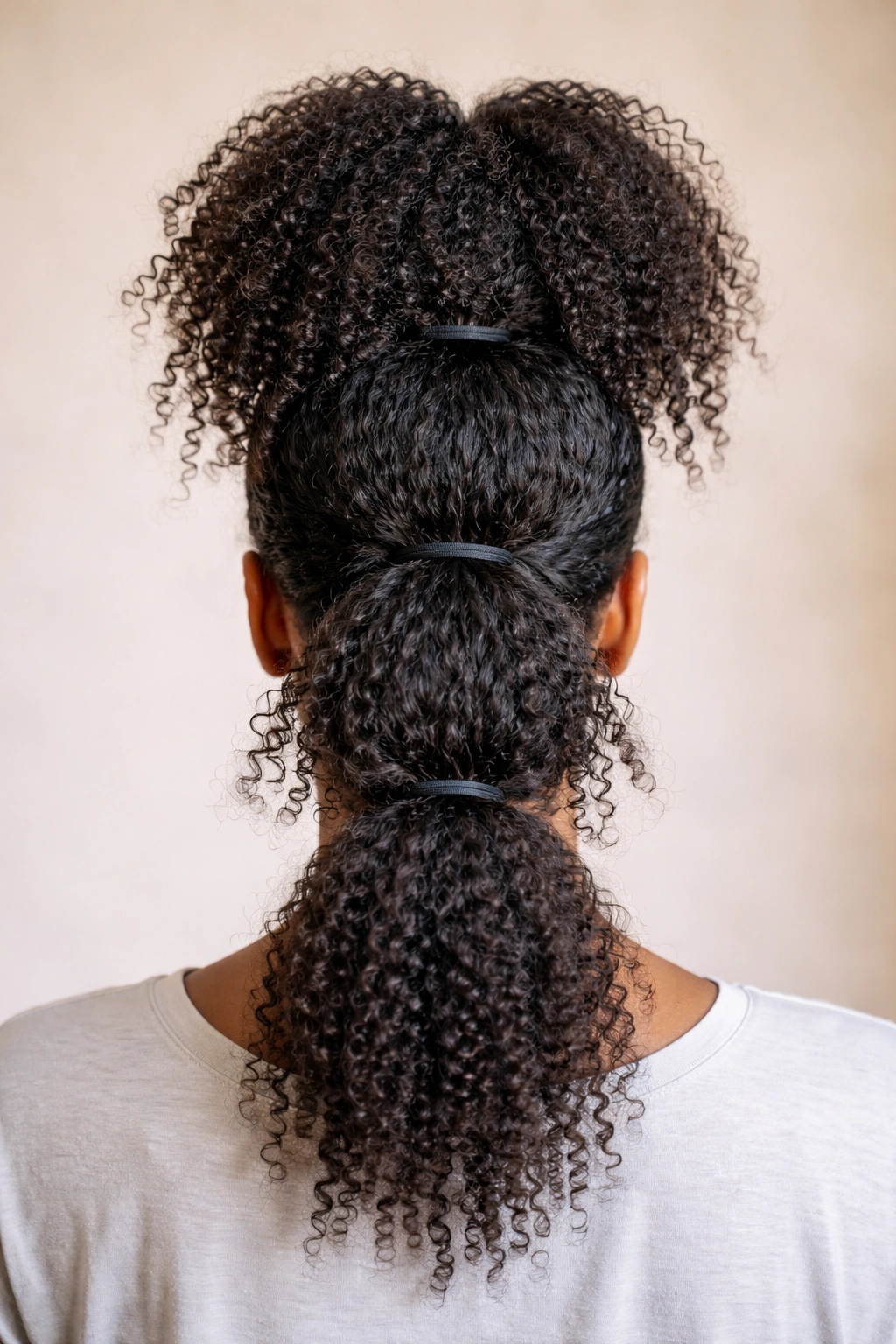 Back view of layered high ponytail with three stacked sections for volume