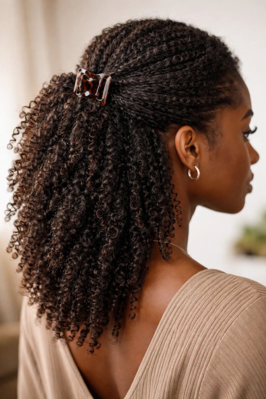 Close-up of layered release half-up hairstyle on 4C hair