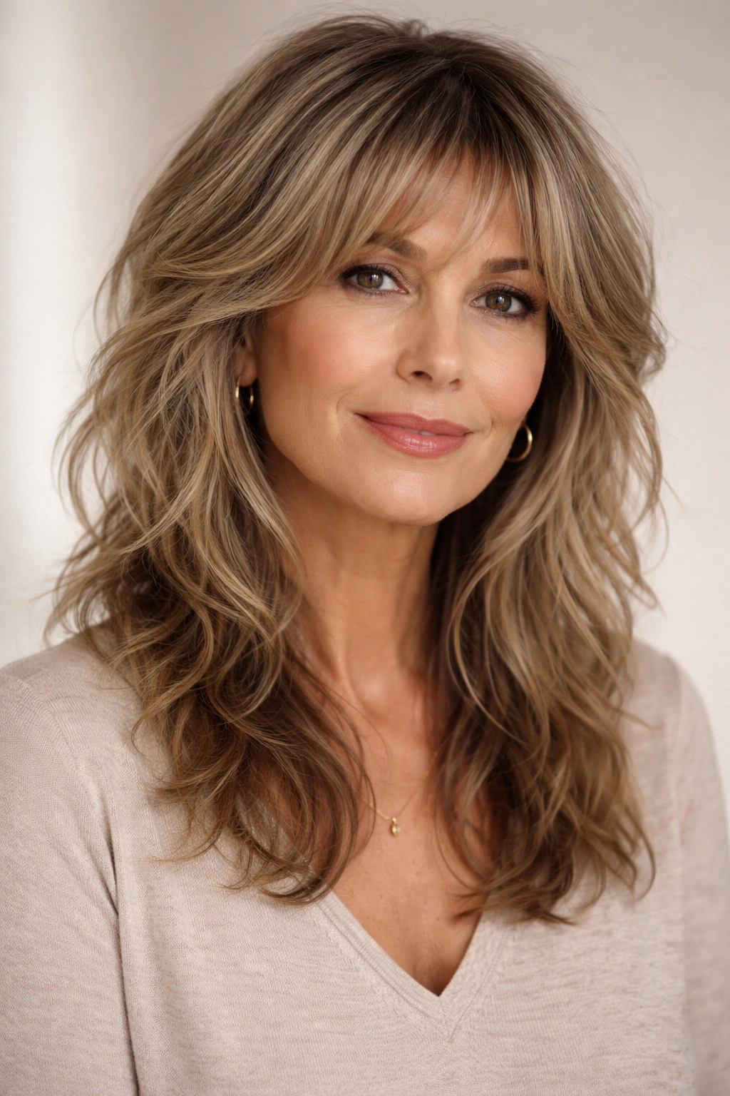 Layered shag haircut with minimal fringe blending into side layers.
