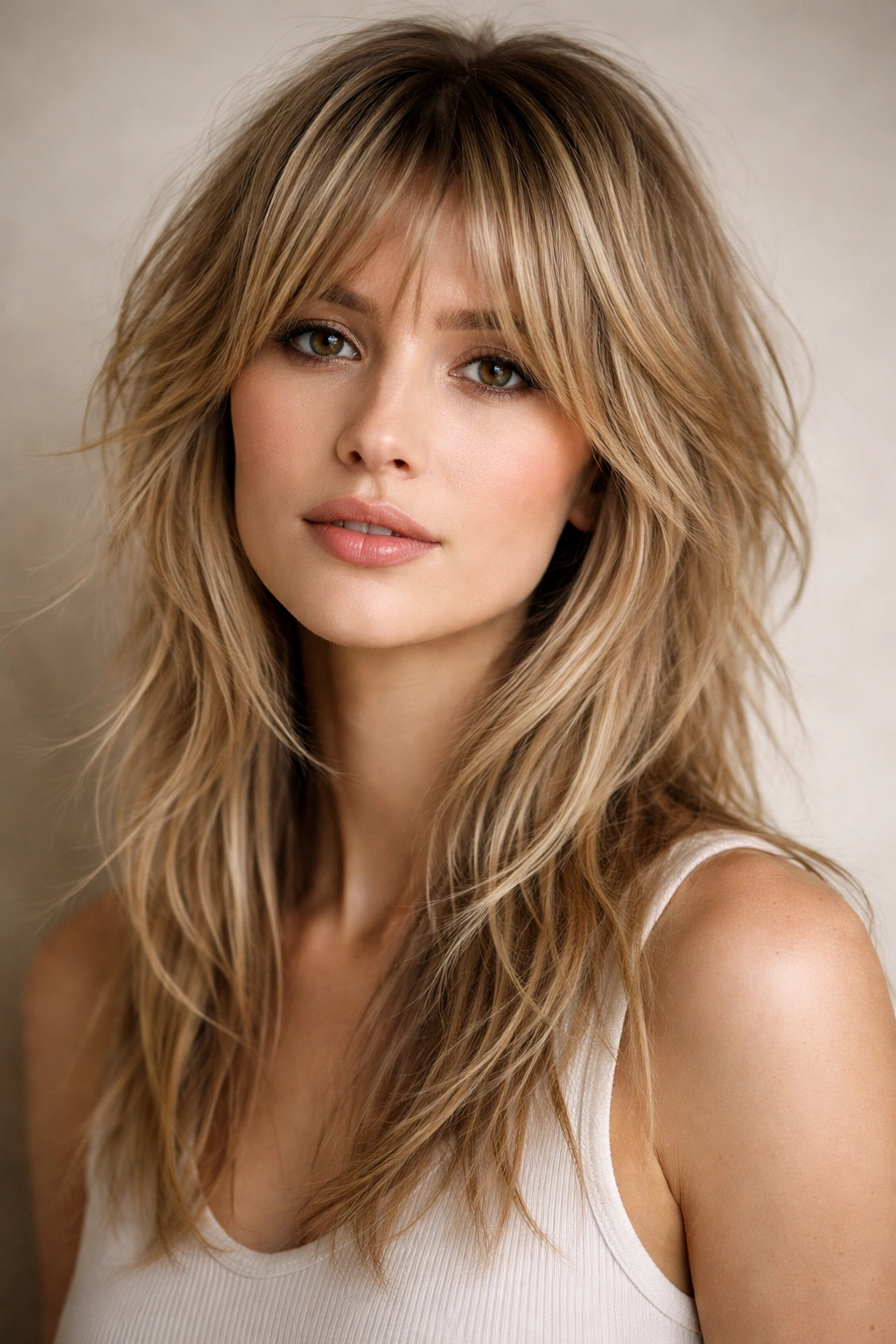 Portrait of layered shag with short top layers and longer underneath on fine hair