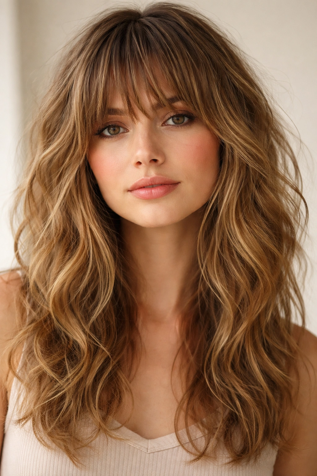 Close-up of layered shaggy bangs with textured length on waves