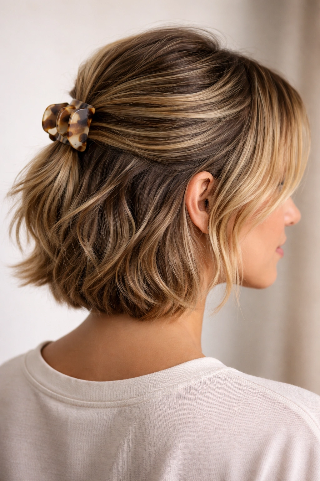 Close-up of short layered hair with the top layer clipped back