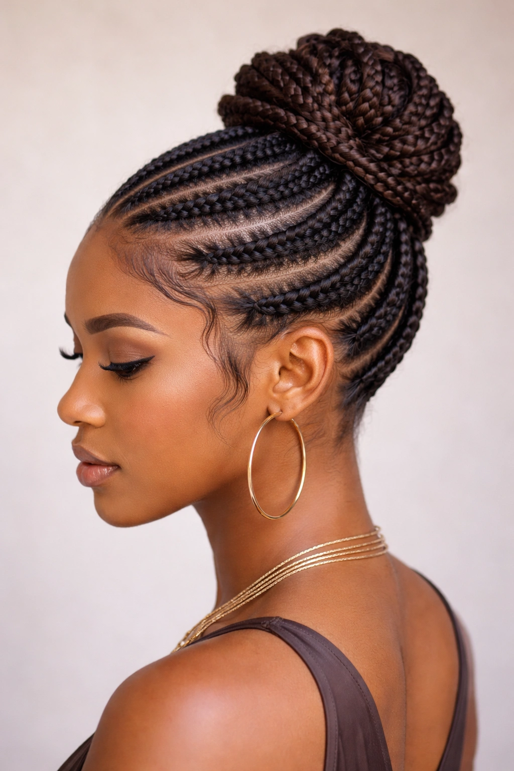Layered stitch cornrow updo showing multiple braid layers converging into an updo