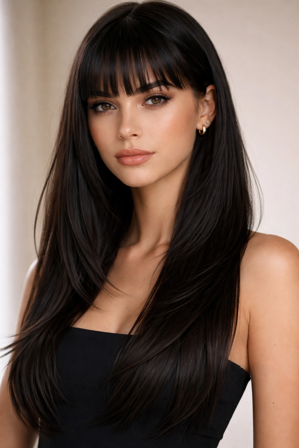 Layered straight hair with micro-bangs just below the brows.