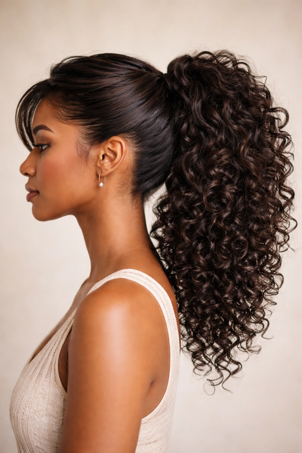 Profile view of layered swoop sections into a ponytail on curly hair
