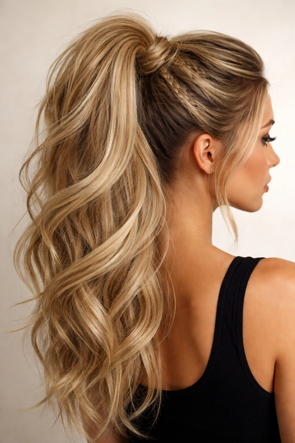 Crown with teased base, crimped section, and twist forming layered texture ponytail