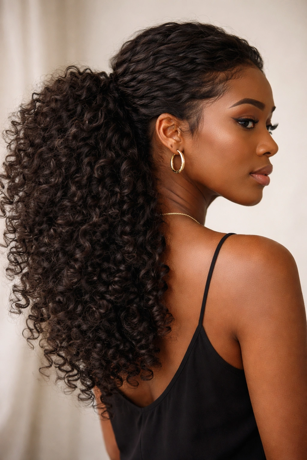 Side ponytail showing layered curls and natural texture