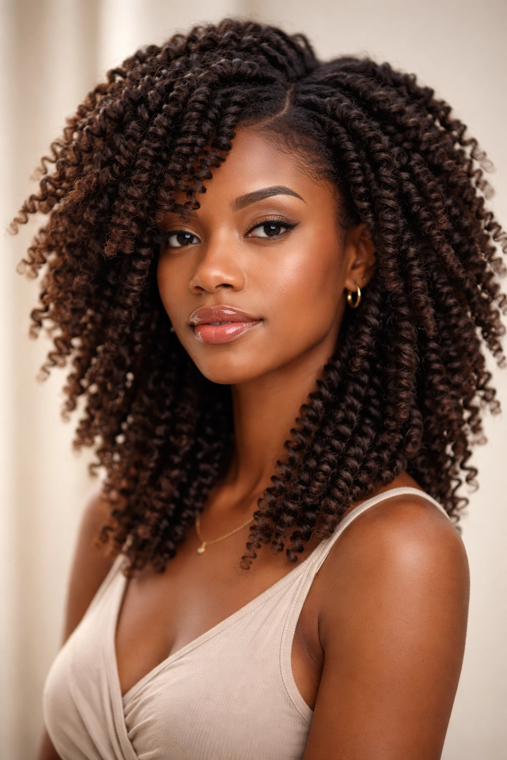 Close-up of layered twist-out on natural hair showing twists at different depths for dimensional texture.
