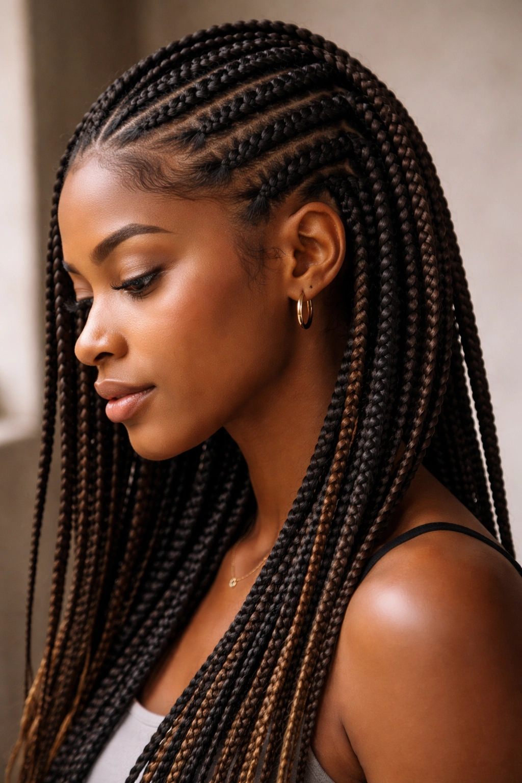 Three-quarter portrait of layered flat twists releasing into box braids