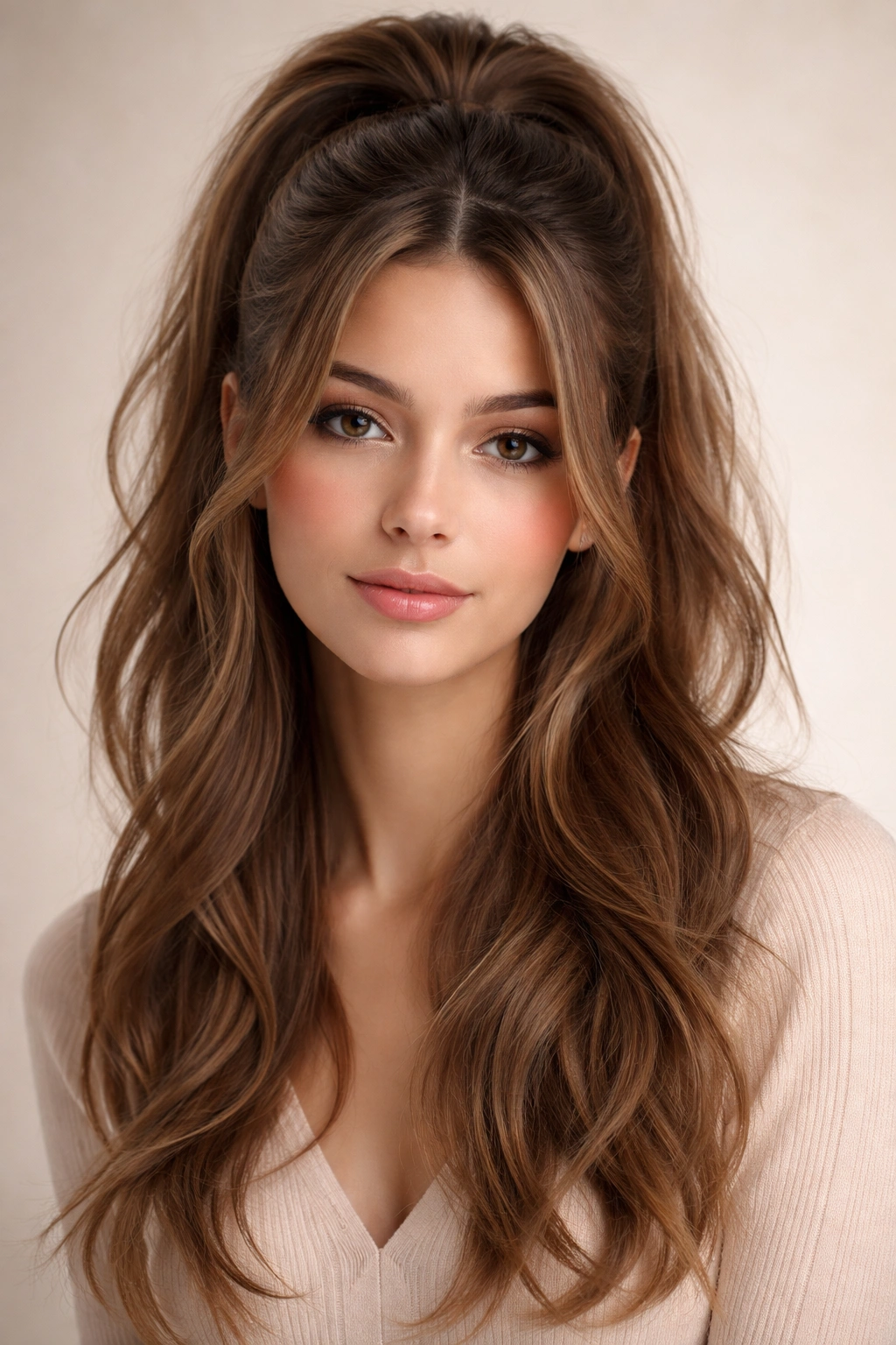Layered V-part hairstyle with wispy face-framing pieces