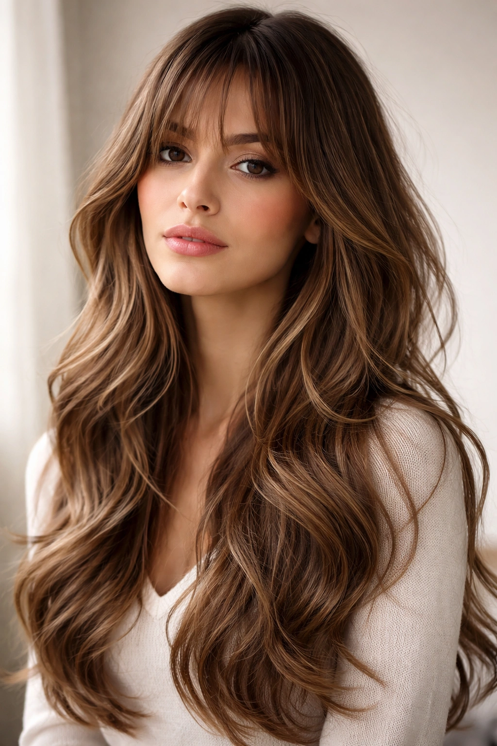 Long layered waves with face-framing wispy bangs