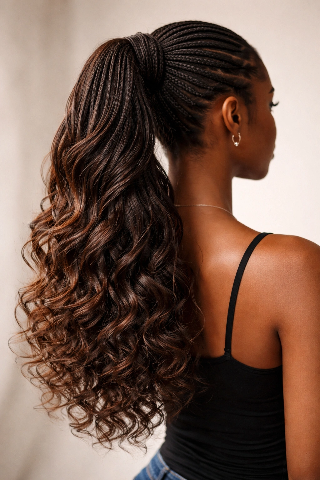 Layered weave ponytail with distinct top, middle, and bottom textures