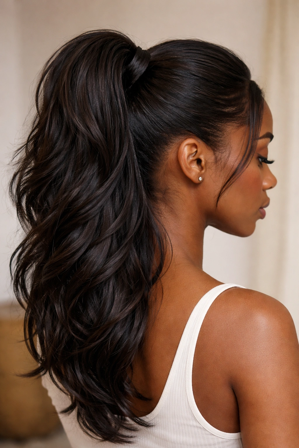 Close-up of layered weave ponytail showing multilevel lengths and volume