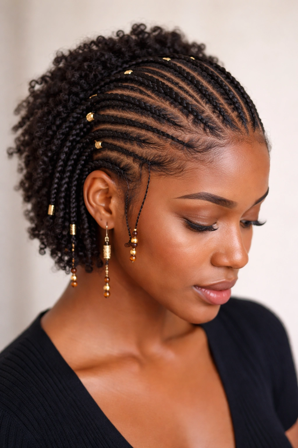 Thin layered Fulani braids creating depth on short hair.