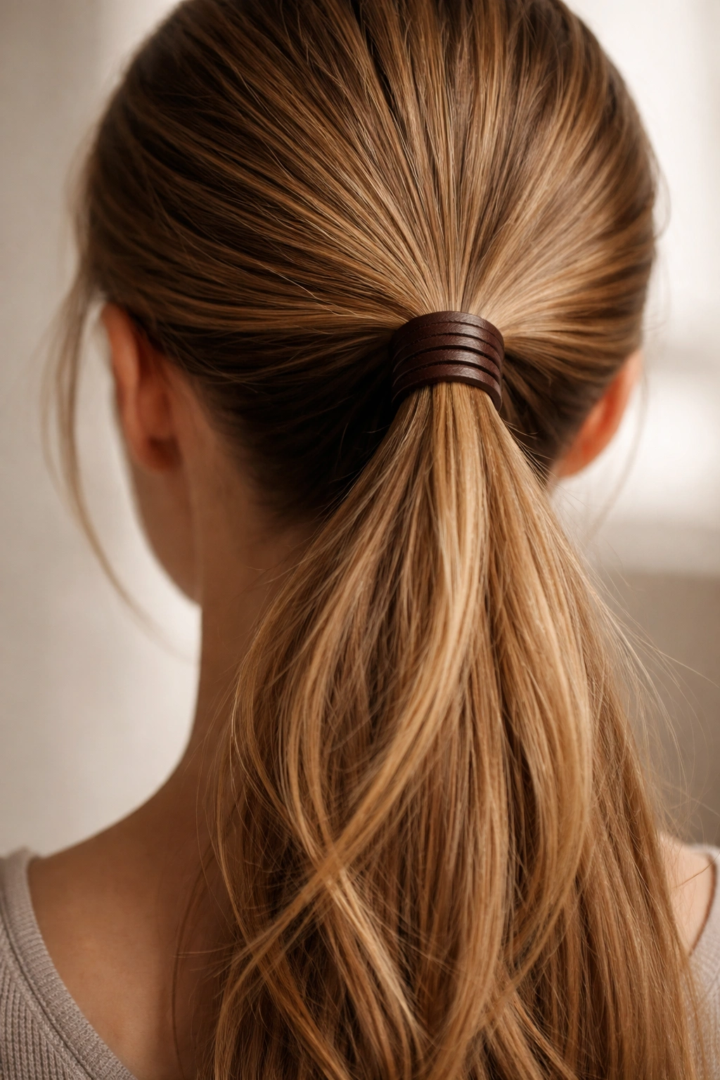Ponytail with a leather cord wrapped around its base securing the hair