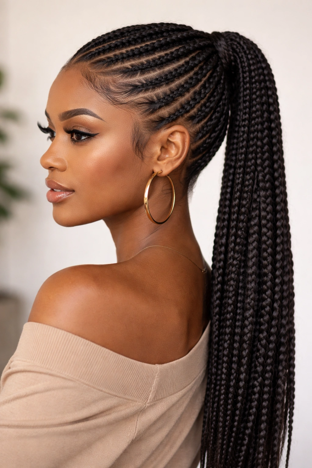 Lemonade braid ponytail with side-swept diagonals into a ponytail