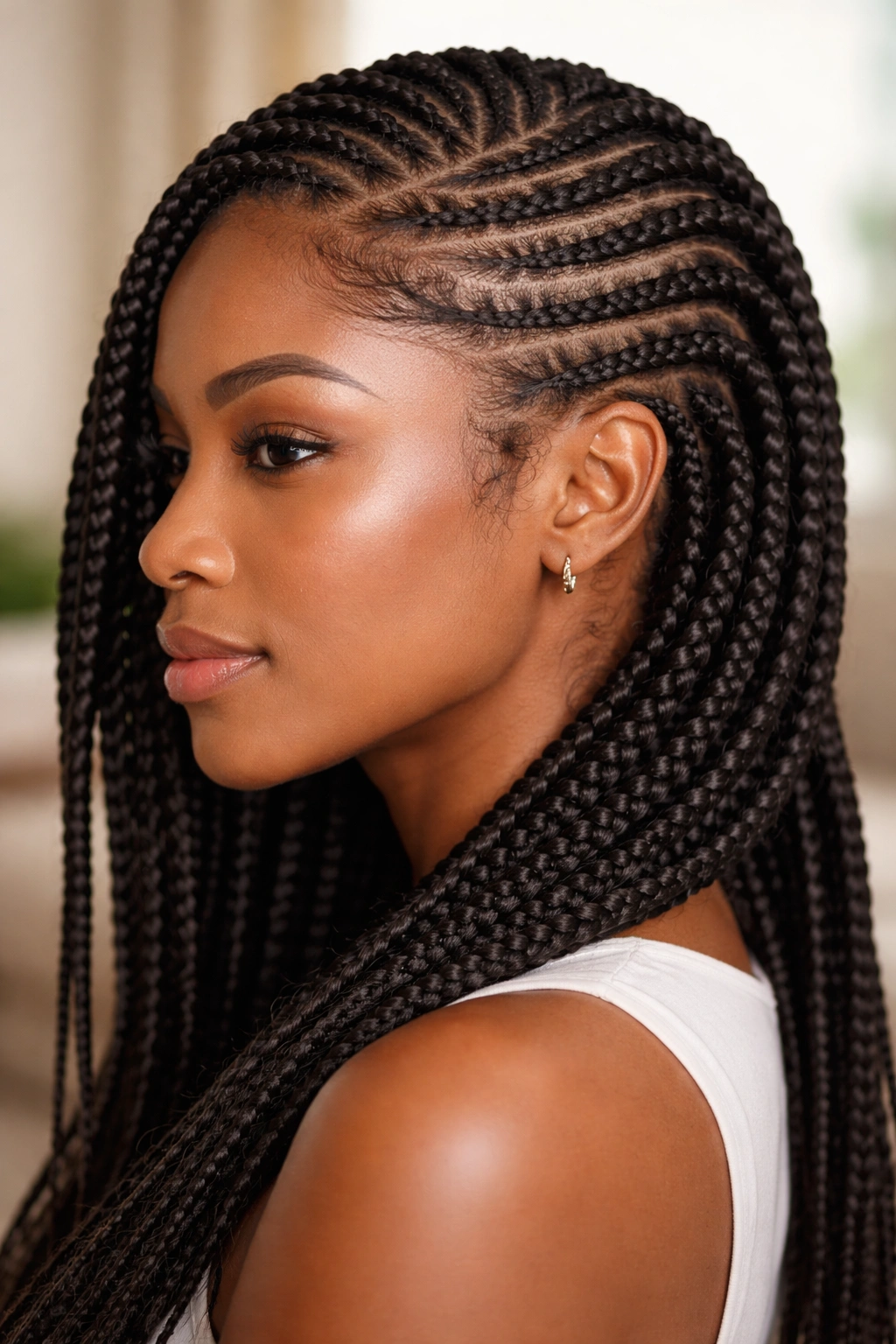 Side view of lemonade braids cornrows with coils visible
