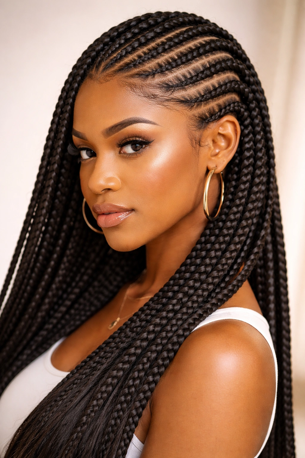 Diagonal lemonade braids with feed-in extensions across the scalp