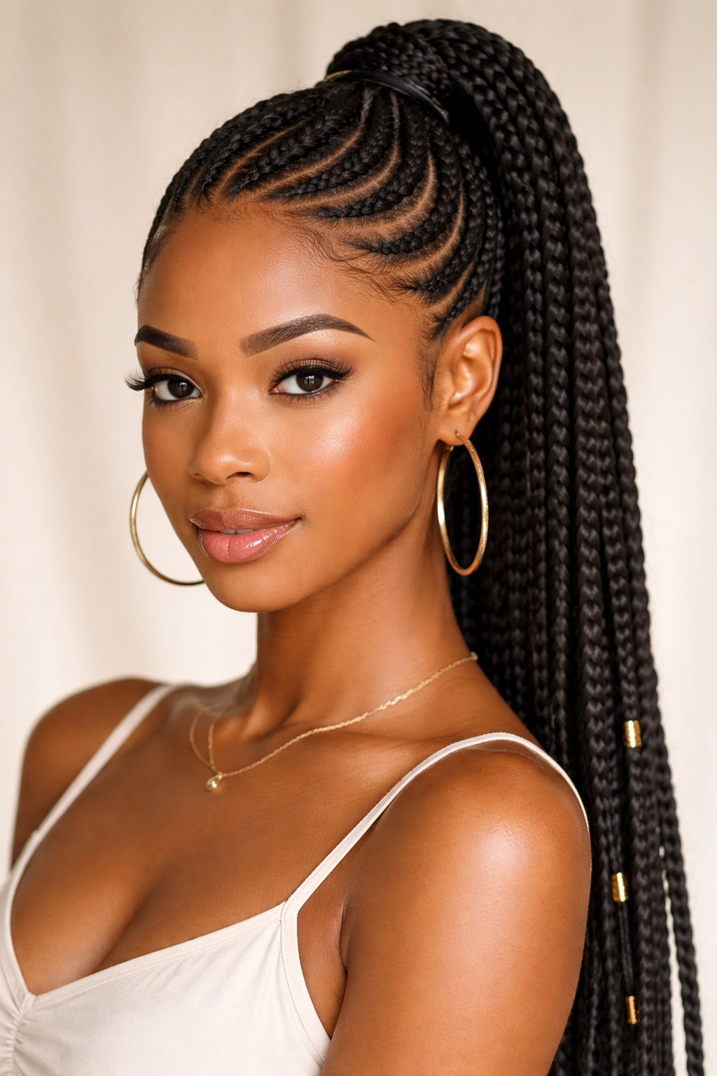 Decorative lemonade braids curving along the scalp into a high ponytail