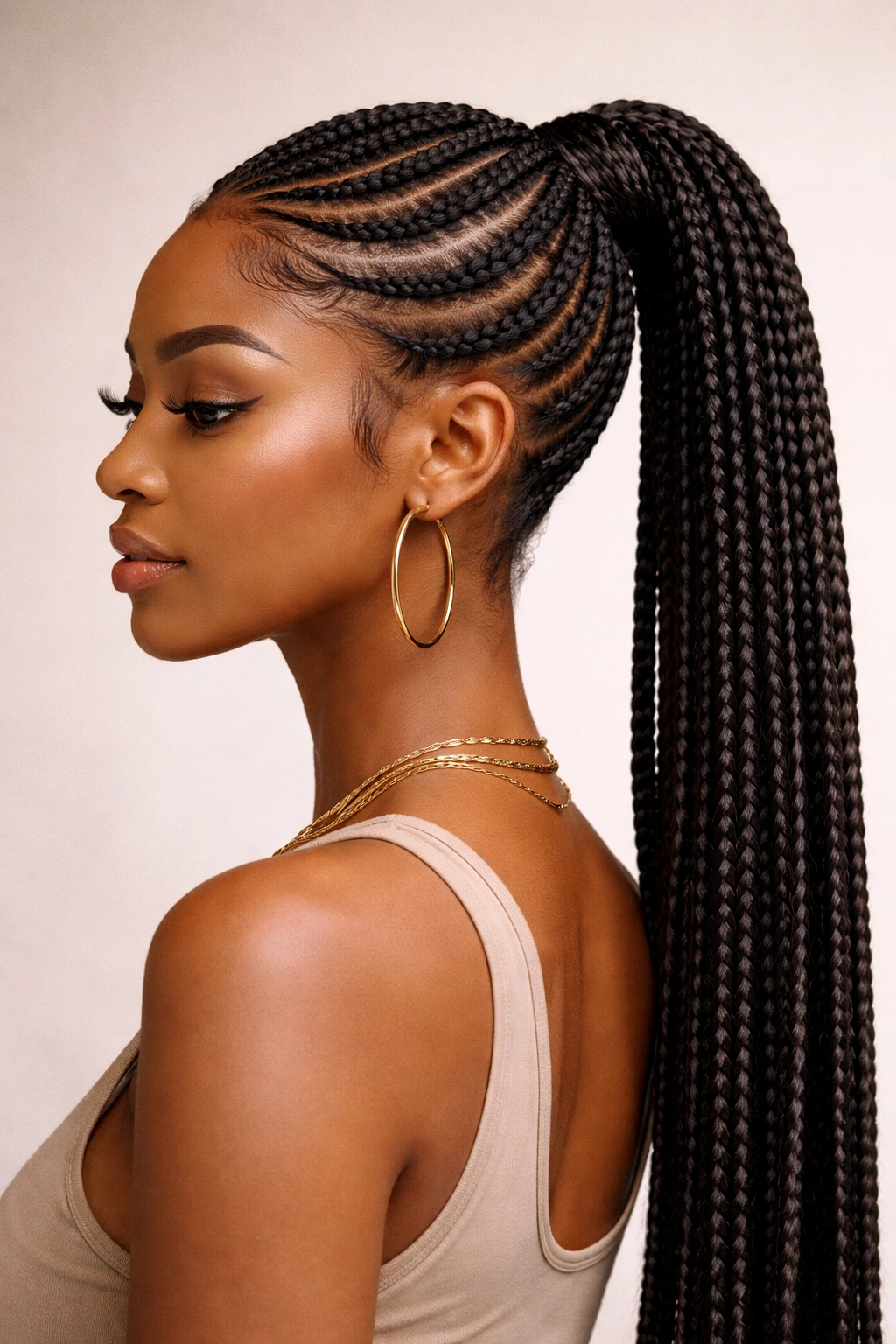 Lemonade braids curved across head into a ponytail