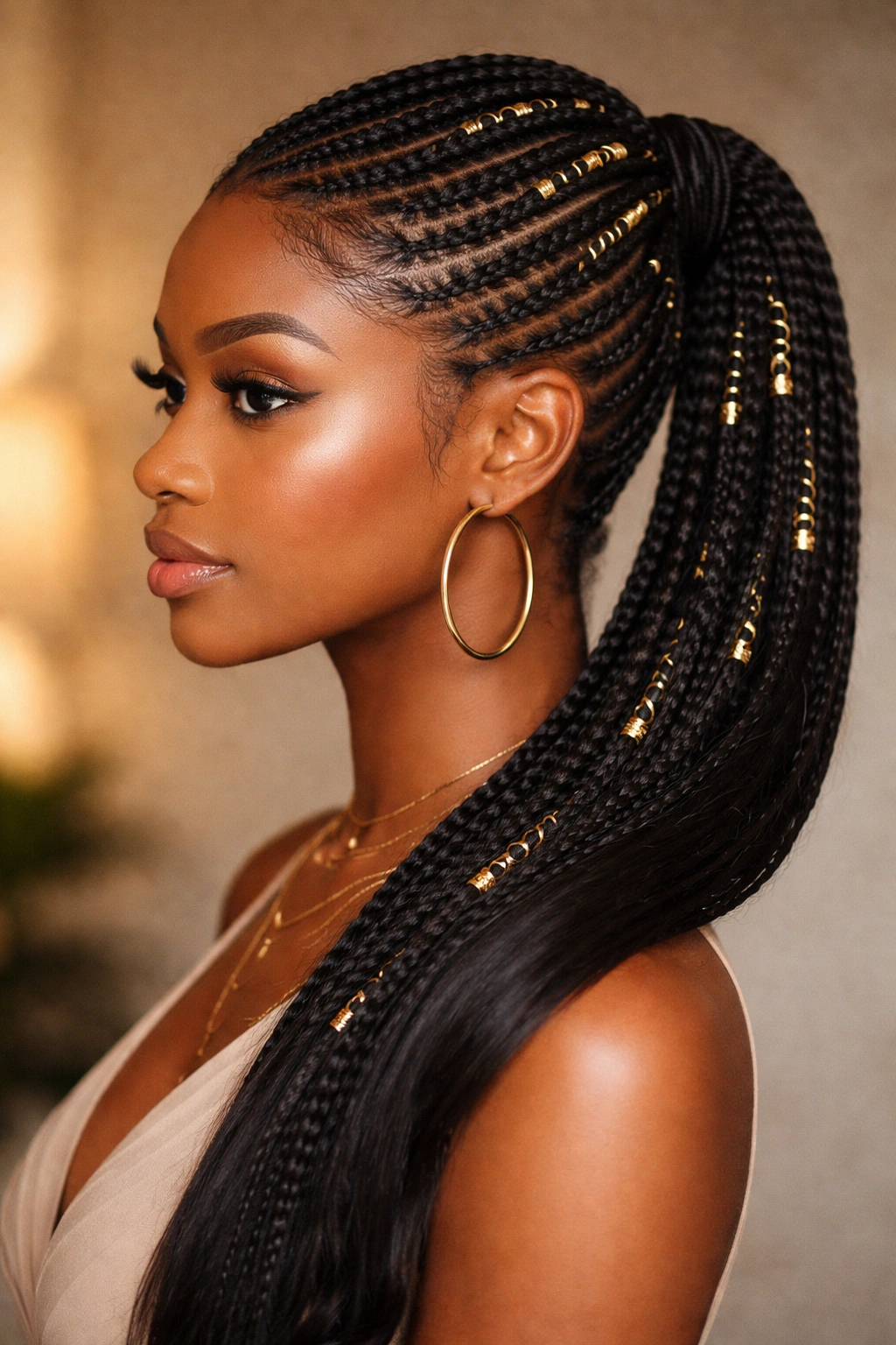 Lemonade braids ponytail with gold accents showcasing curved braids and shine