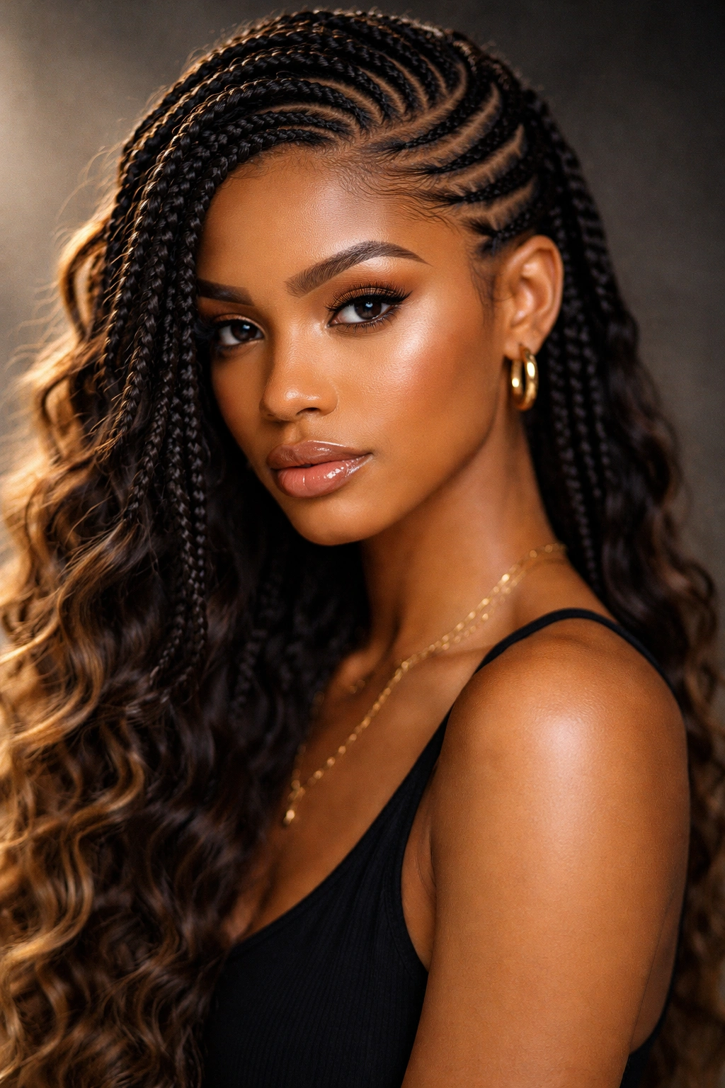 Lemonade braids curving to the side on wavy hair