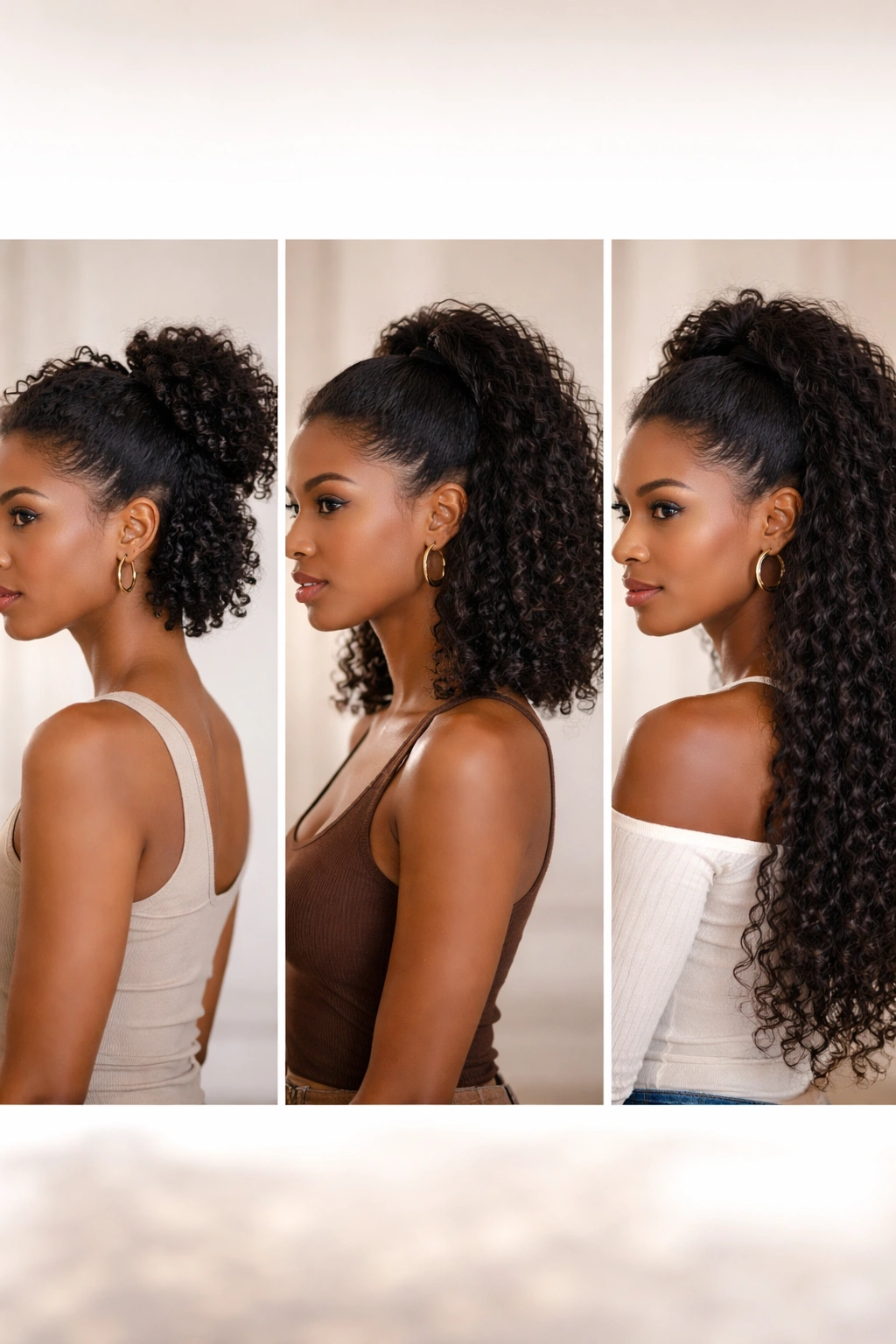 Three profiles showing half-up ponytails for short, medium, and long hair lengths