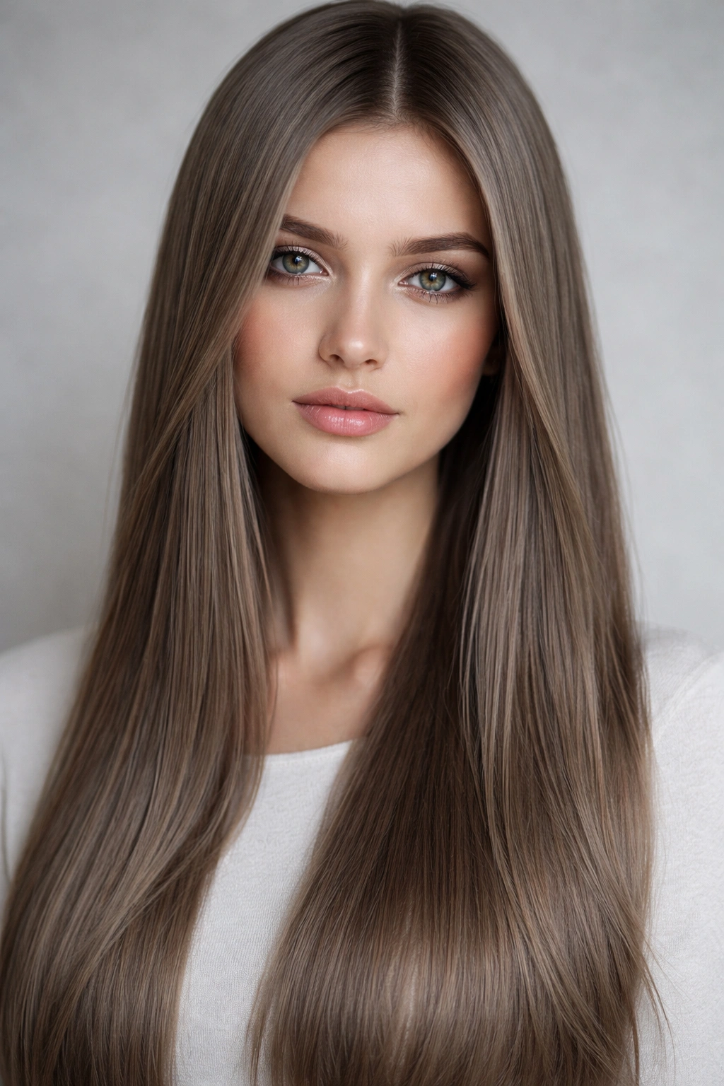 Close-up of straight hair in light ash brown with cool ash undertones