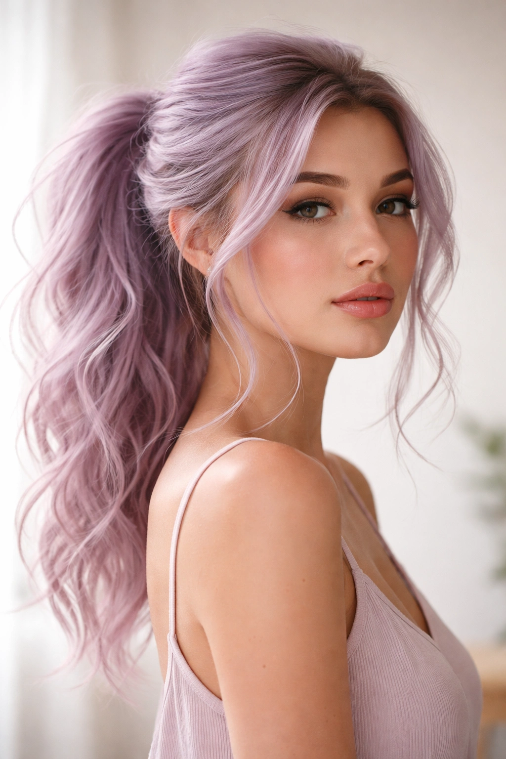 Lilac windswept ponytail with loose face-framing pieces