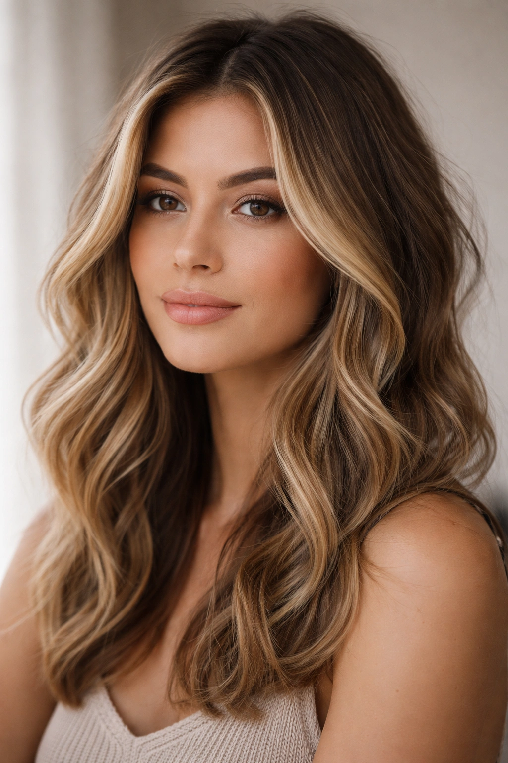 Medium waves with face-framing money pieces in natural studio lighting