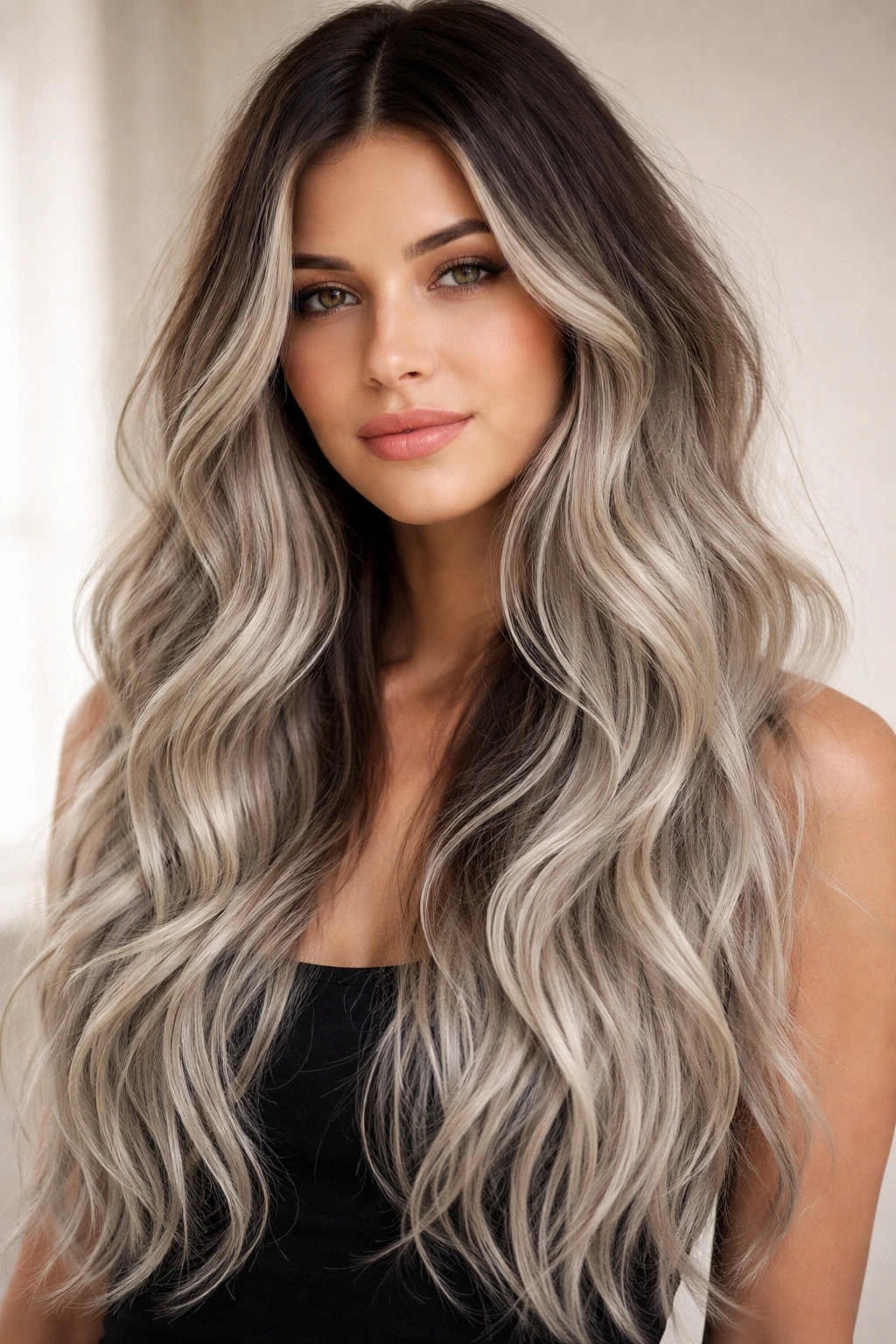 Close-up of long hair with grown-out dark roots and silver lengths in casual, loose waves