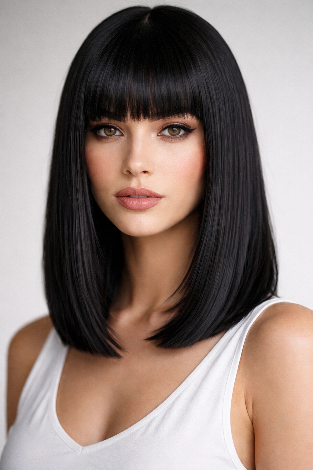 Jet-black straight lob with blunt bangs and crisp hemline