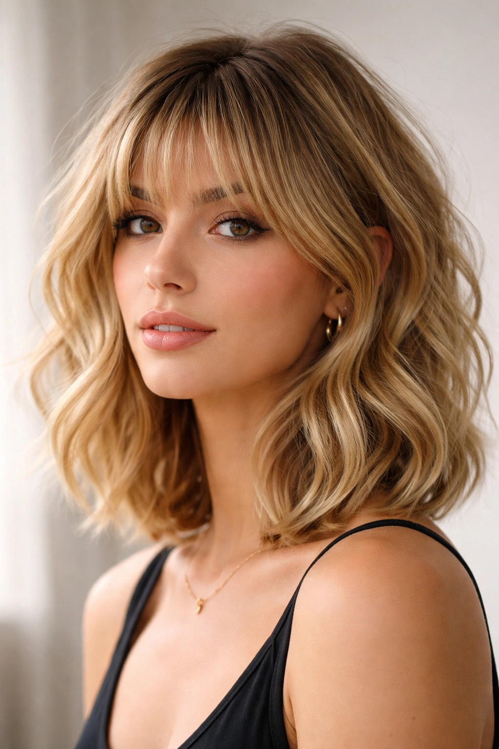 Tousled chin-length lob with feathered bangs on blonde hair