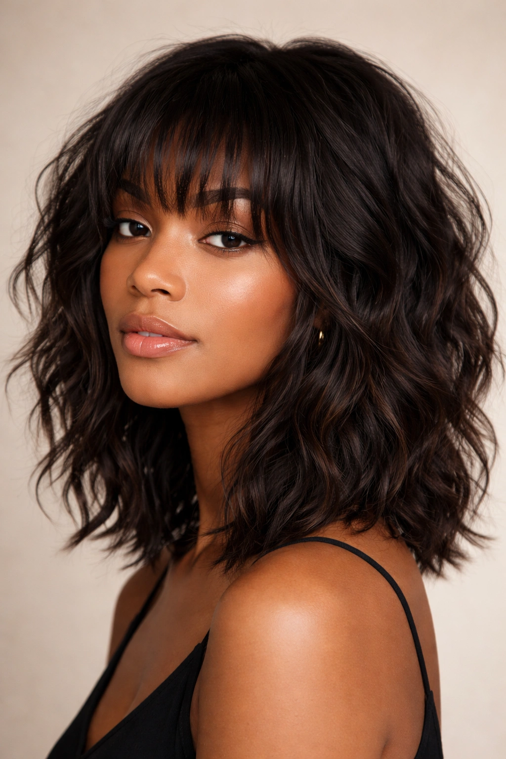 Shoulder-length textured lob with choppy bangs and layered movement