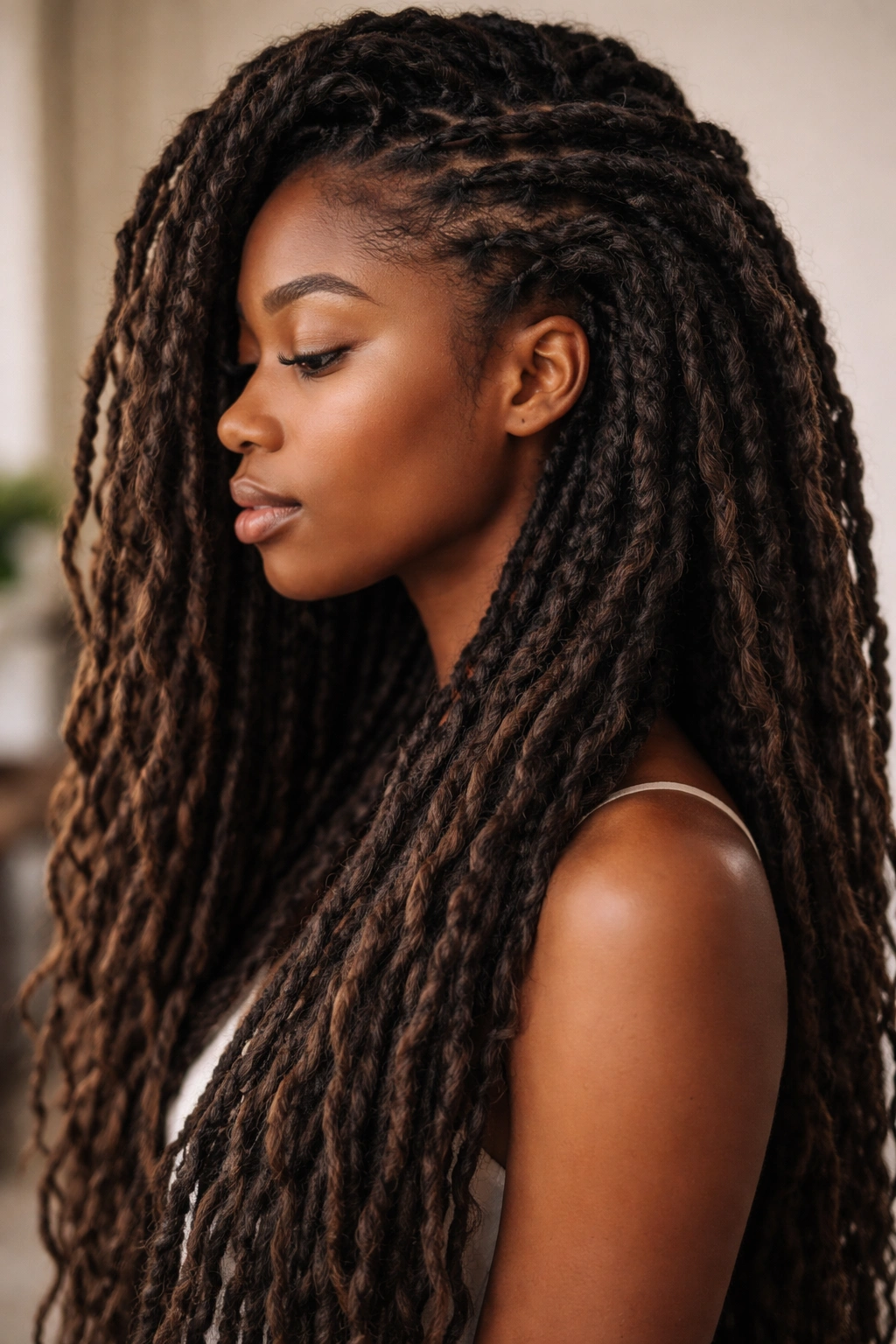 Long faux locs integrated with natural 4C hair.