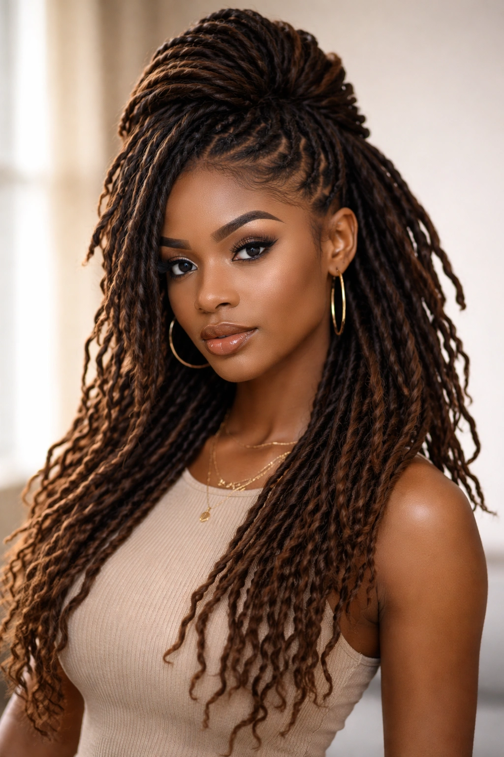 Center-focussed faux hawk loc hairstyle with loose sides