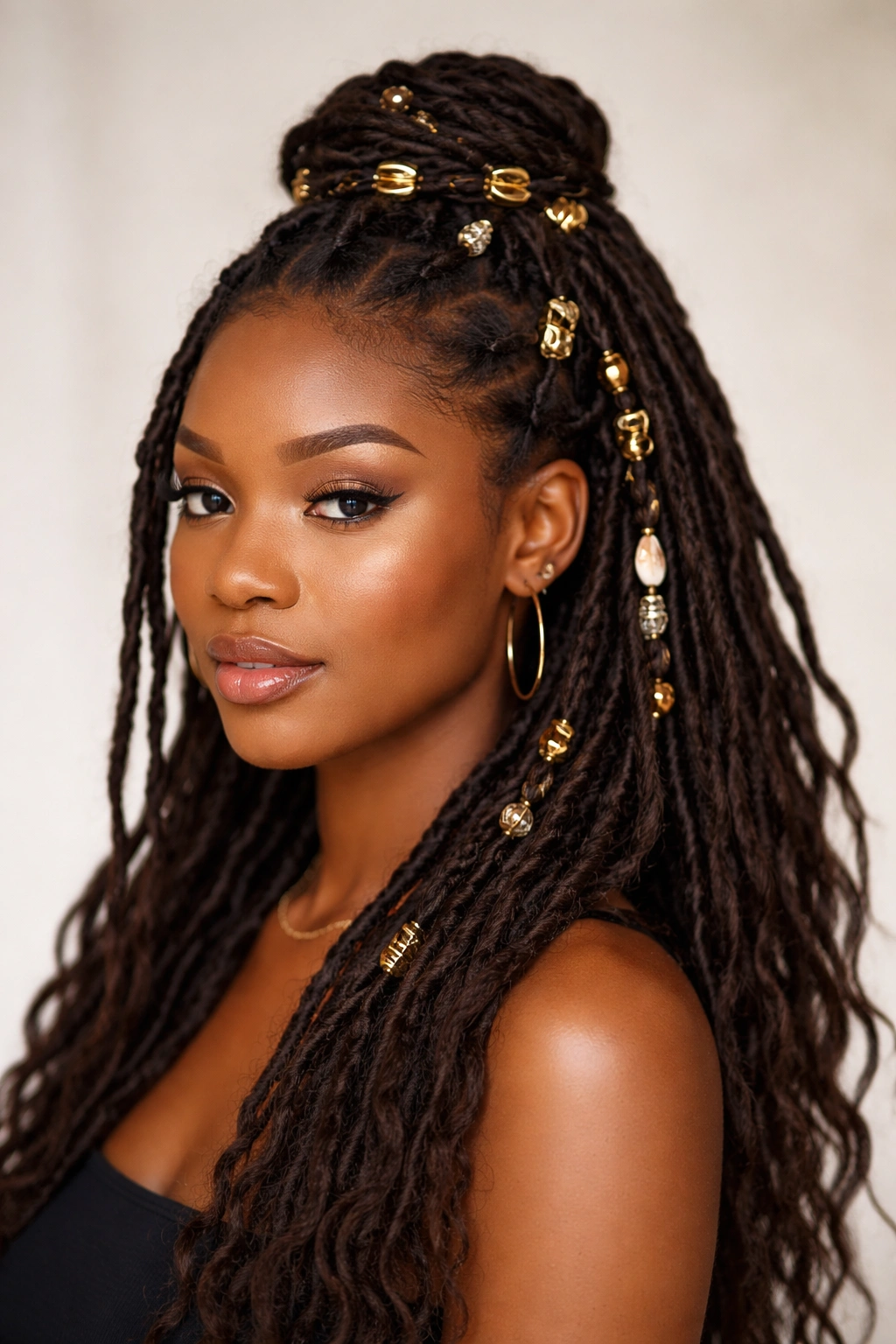 Close-up of a Black woman's half-up loc hairstyle featuring jewelry cuffs and beads